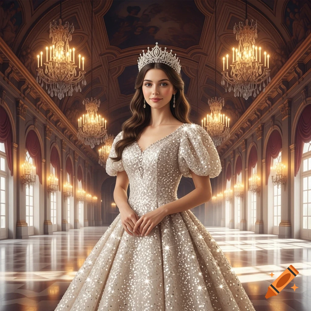A beautiful woman in a sparkling gown and tiara stands in a grand ballroom with numerous chandeliers.