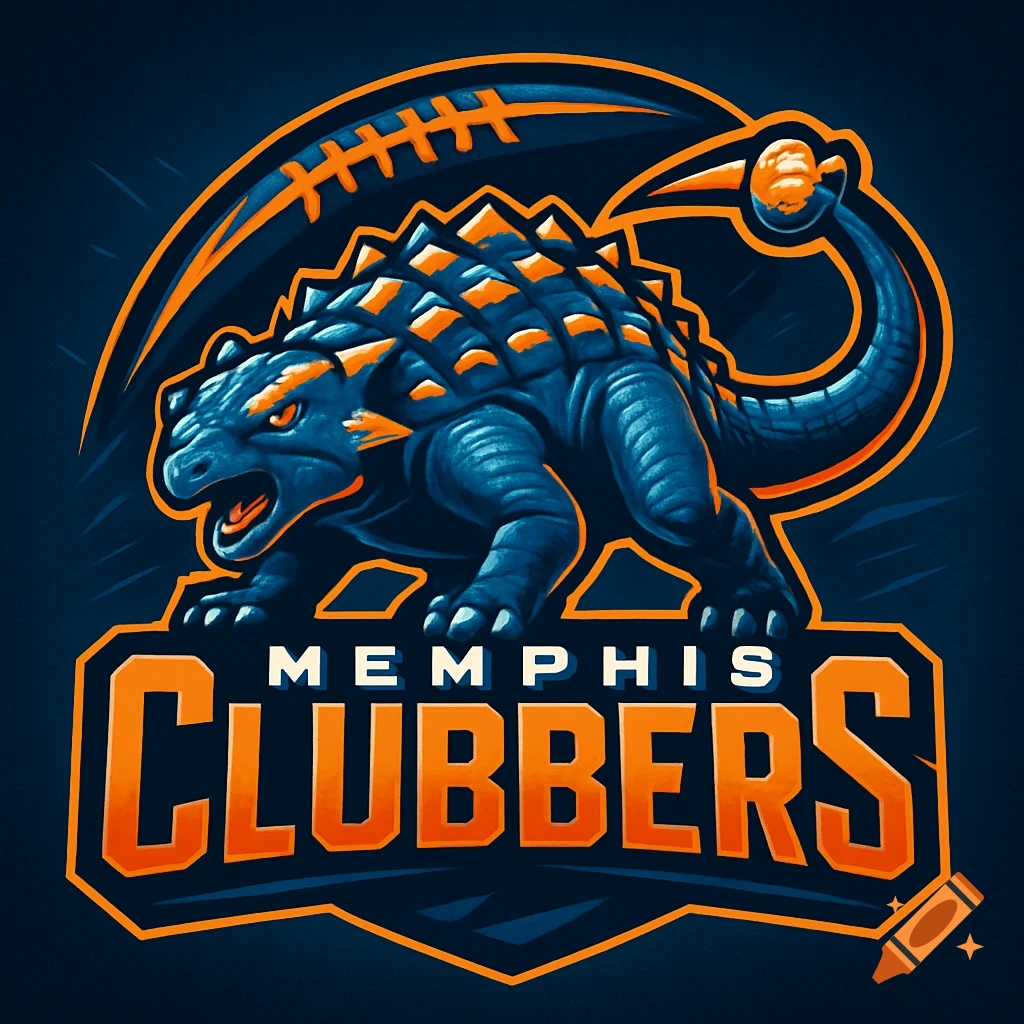 Logo for Memphis Clubbers featuring a blue and orange Ankylosaurus mascot with a football.