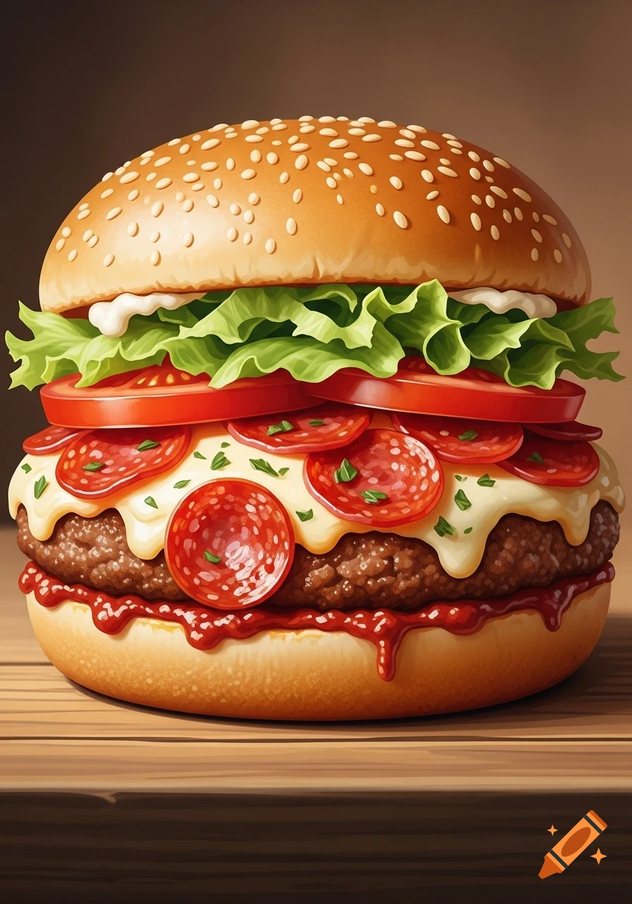A vibrant, illustrative image of a hamburger with a pepperoni pizza acting as the patty, topped with lettuce, tomato, cheese, and sauces.