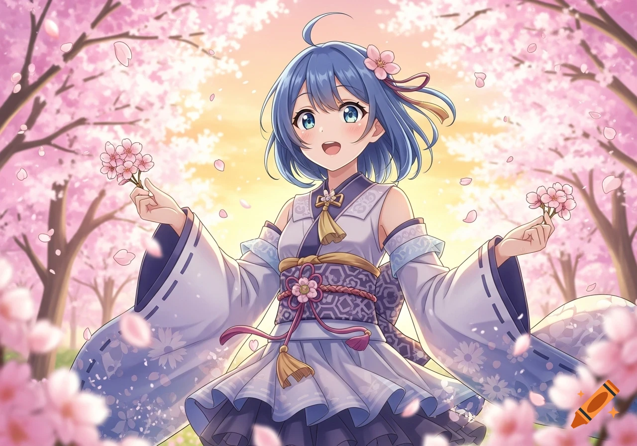 Anime girl with blue hair in a kimono-like outfit, smiling and holding cherry blossoms in a vibrant pink cherry blossom park.