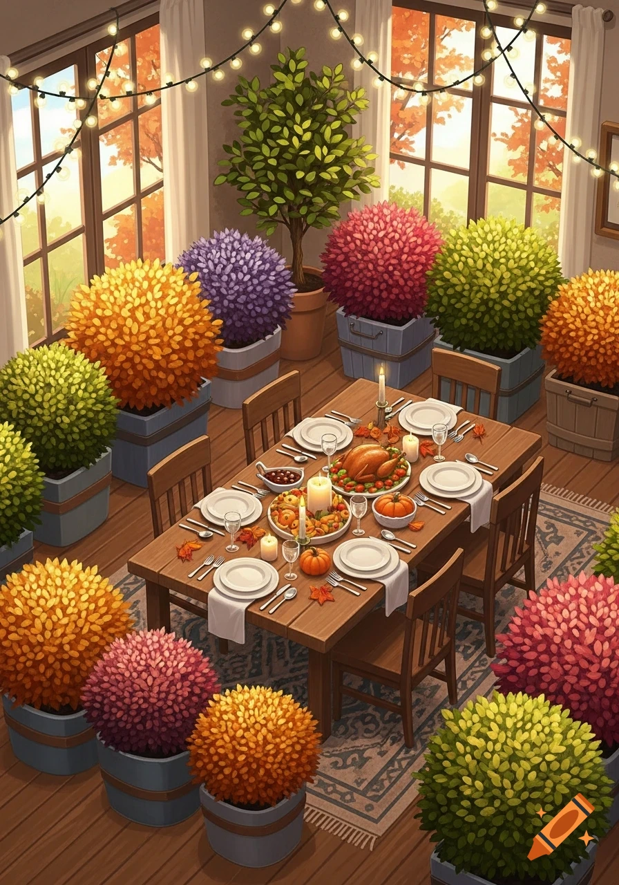 A stylized Thanksgiving dining room with a feast on a wooden table, surrounded by many colorful potted shrubs and string lights.