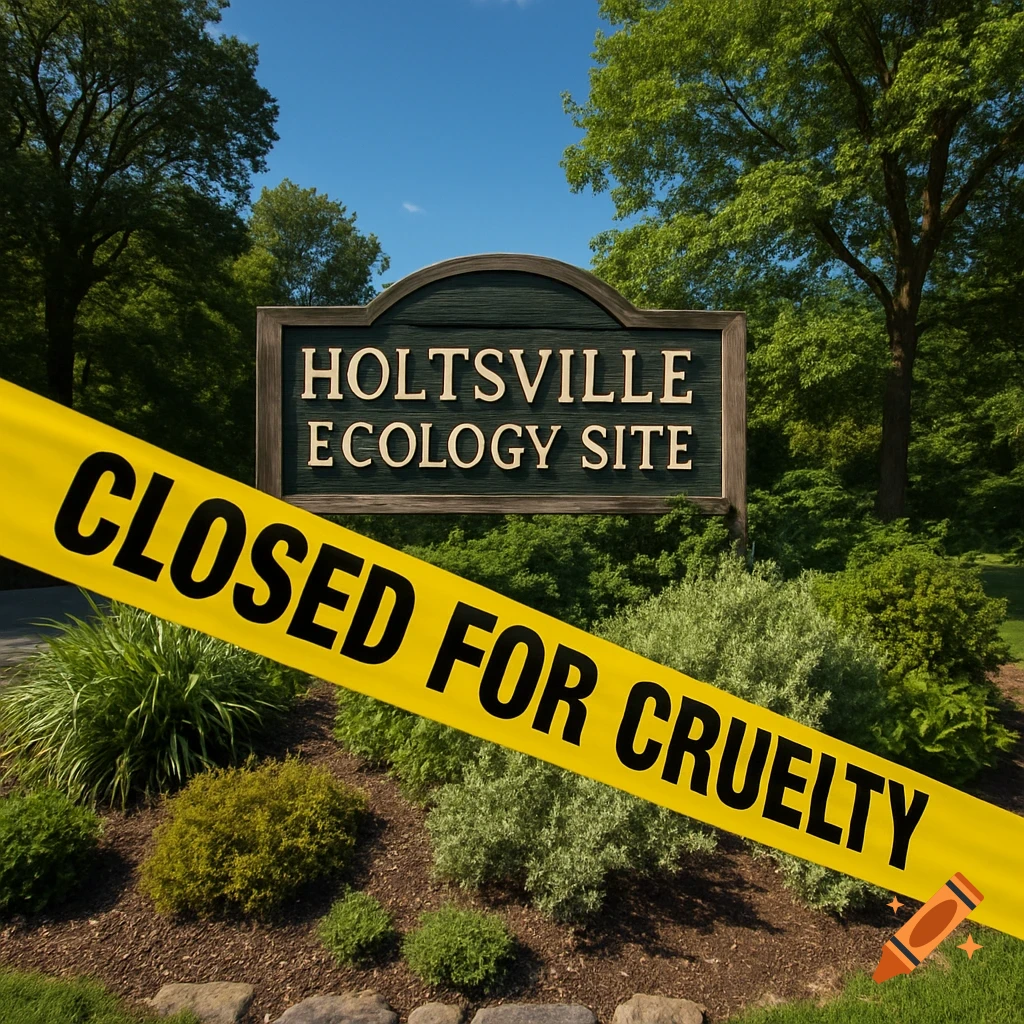 A wooden sign for Holtsville Ecology Site surrounded by green trees and bushes, with yellow caution tape reading 'CLOSED FOR CRUELTY' stretched across the foreground.