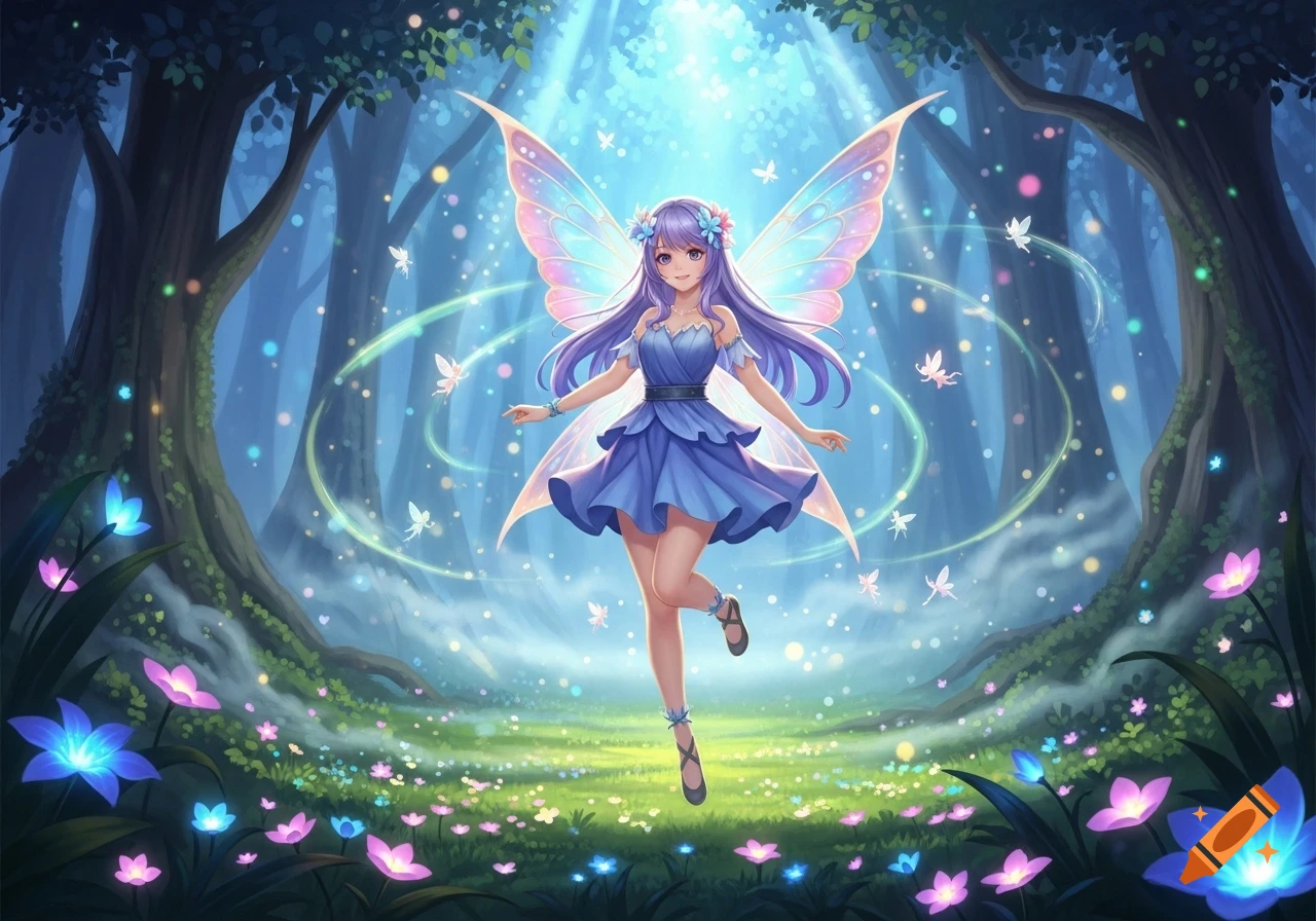 A beautiful anime fairy with long purple hair and iridescent wings in a magical forest filled with glowing flowers and light