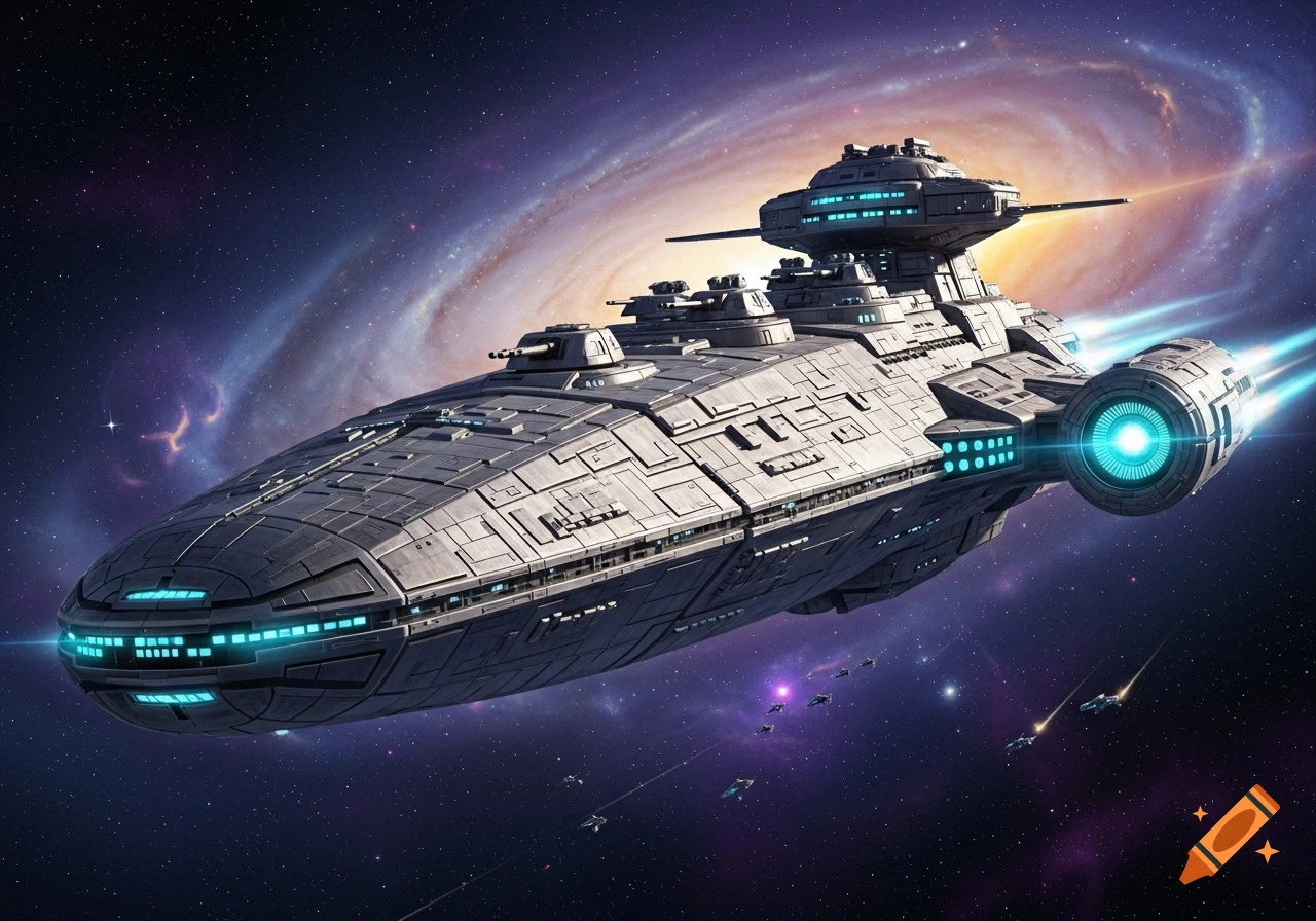 A large grey sci-fi spaceship with blue glowing engines and windows flies through a purple and orange galaxy with smaller ships below.
