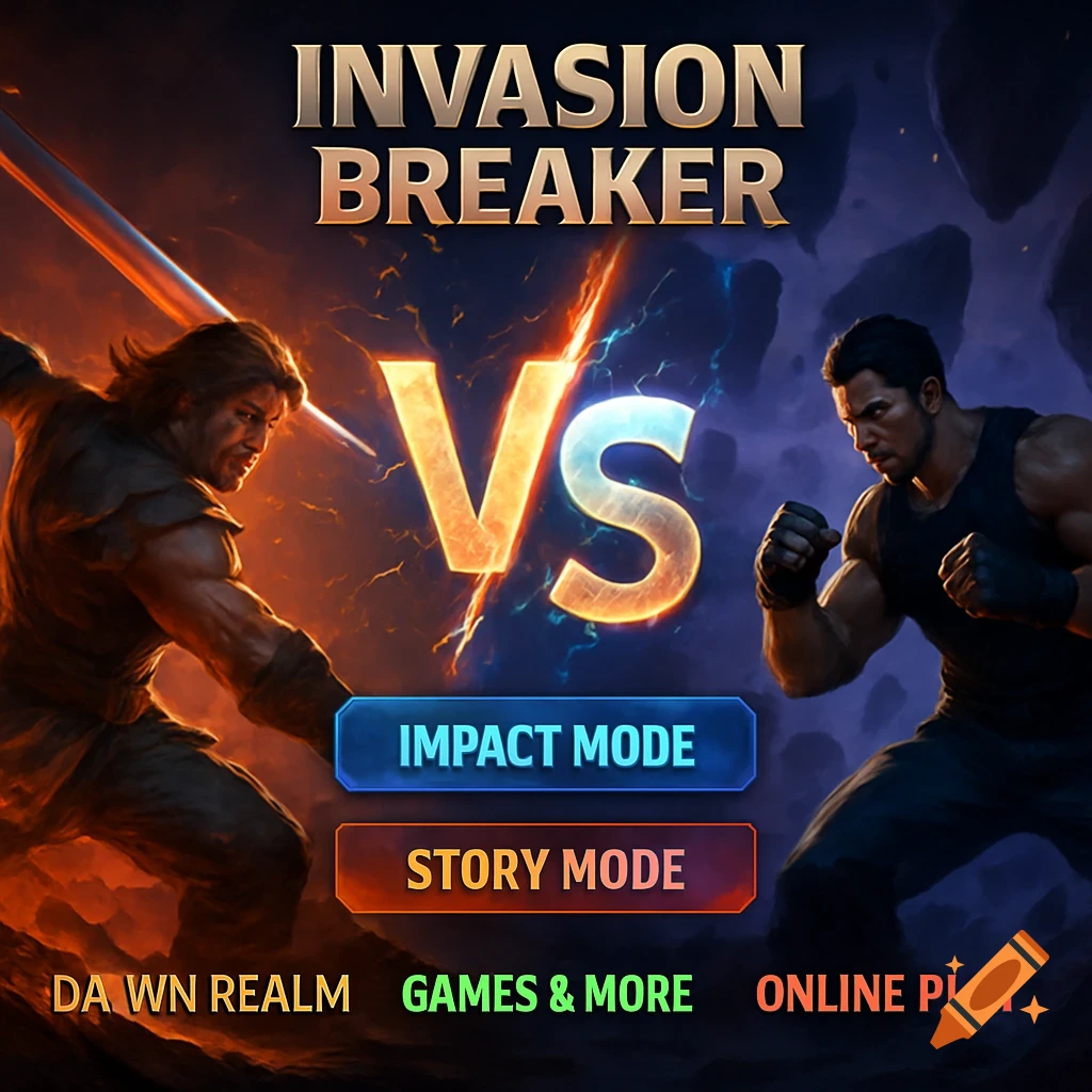 Epic cinematic fighting game home screen. A sword-wielding fighter faces a brawler under a glowing VS symbol. Text: Invasion Breaker.