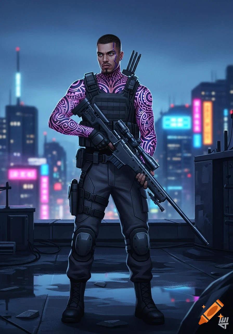 A male sniper with pink tribal tattoos and tactical gear stands on a rainy cyberpunk rooftop, holding a sniper rifle.