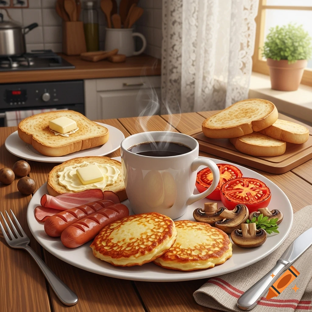 A full breakfast platter with pancakes, sausages, bacon, sliced tomatoes, mushrooms, buttered toast, and a cup of steaming coffee on a wooden table in a sunlit kitchen.