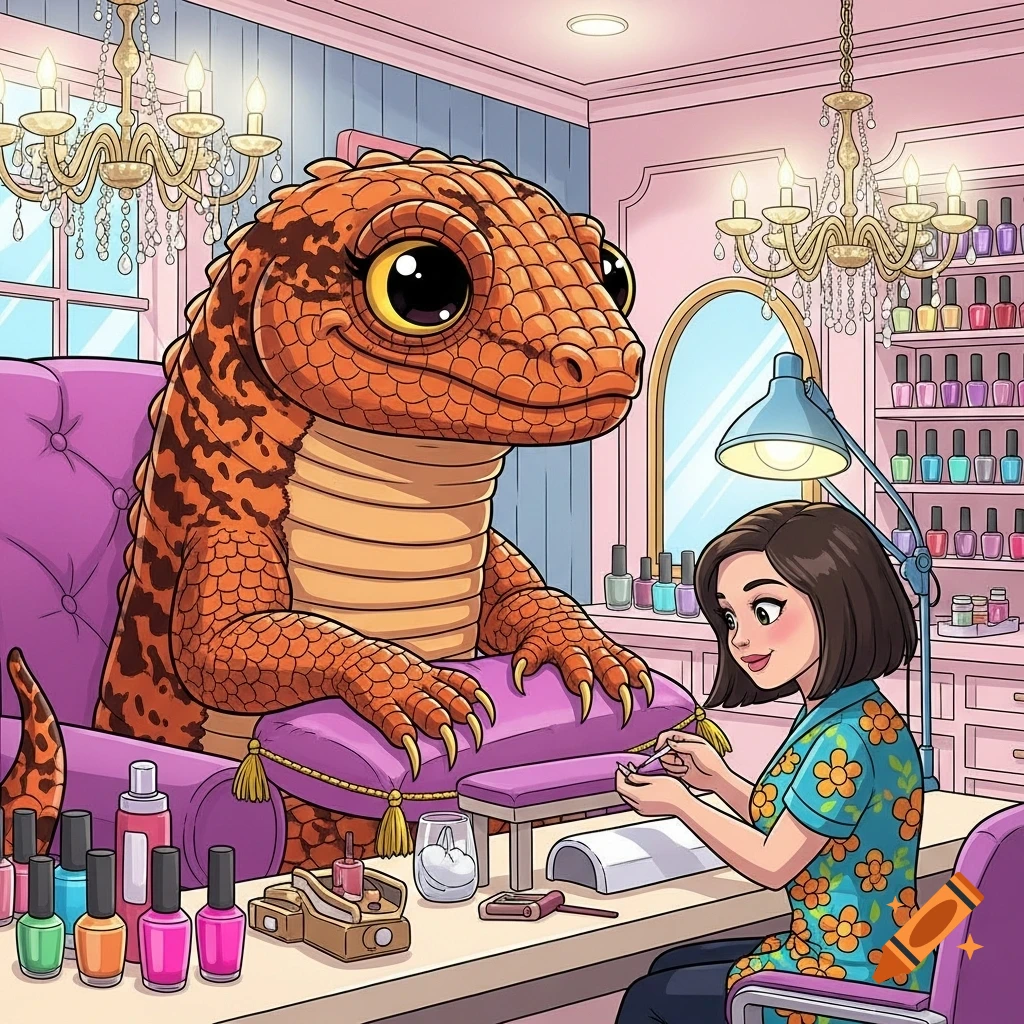 Cartoon gila monster getting a manicure from a woman in a pink beauty salon.