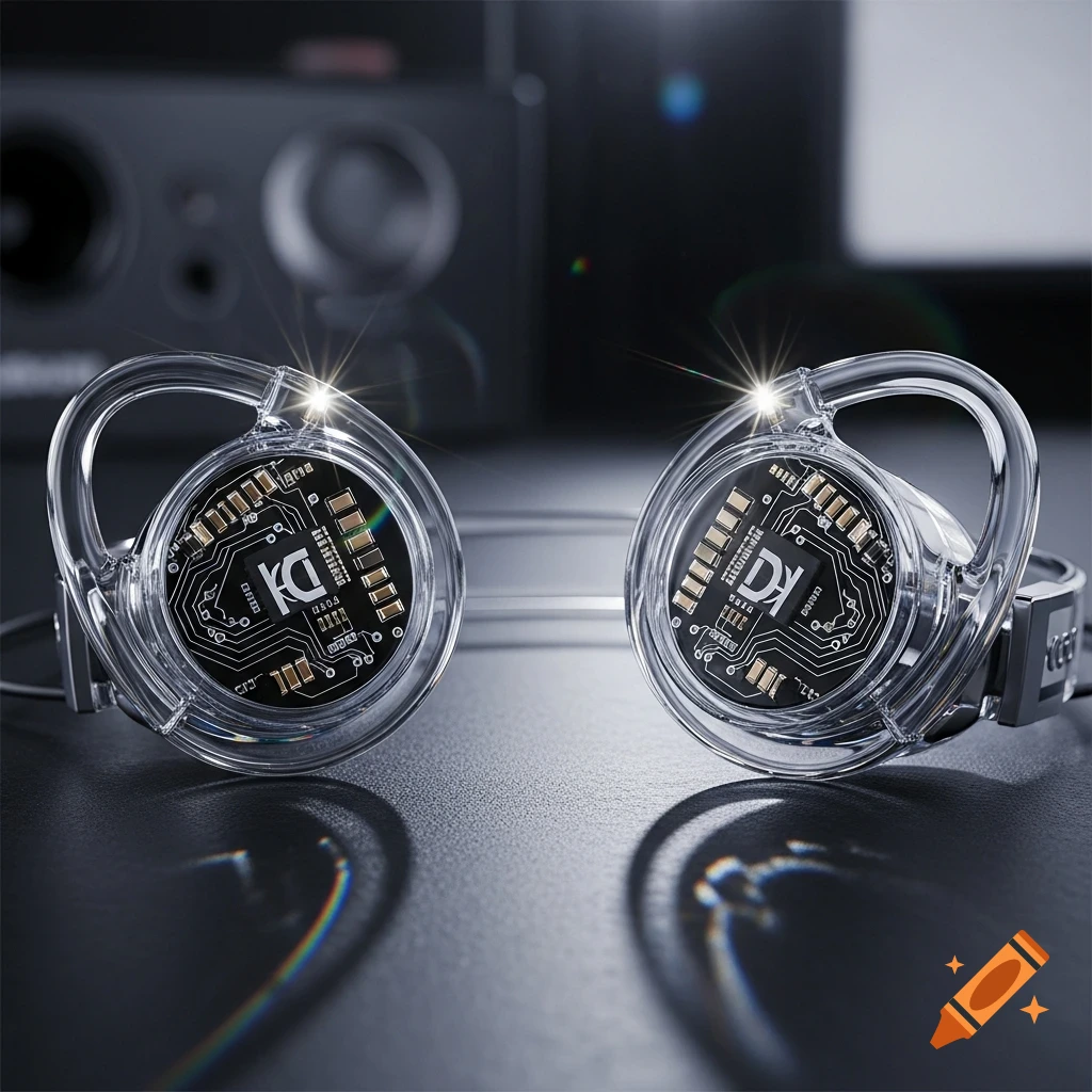 Close-up of clear glass over-ear headphones with visible circuit boards and a 'DK' logo, on a dark surface.