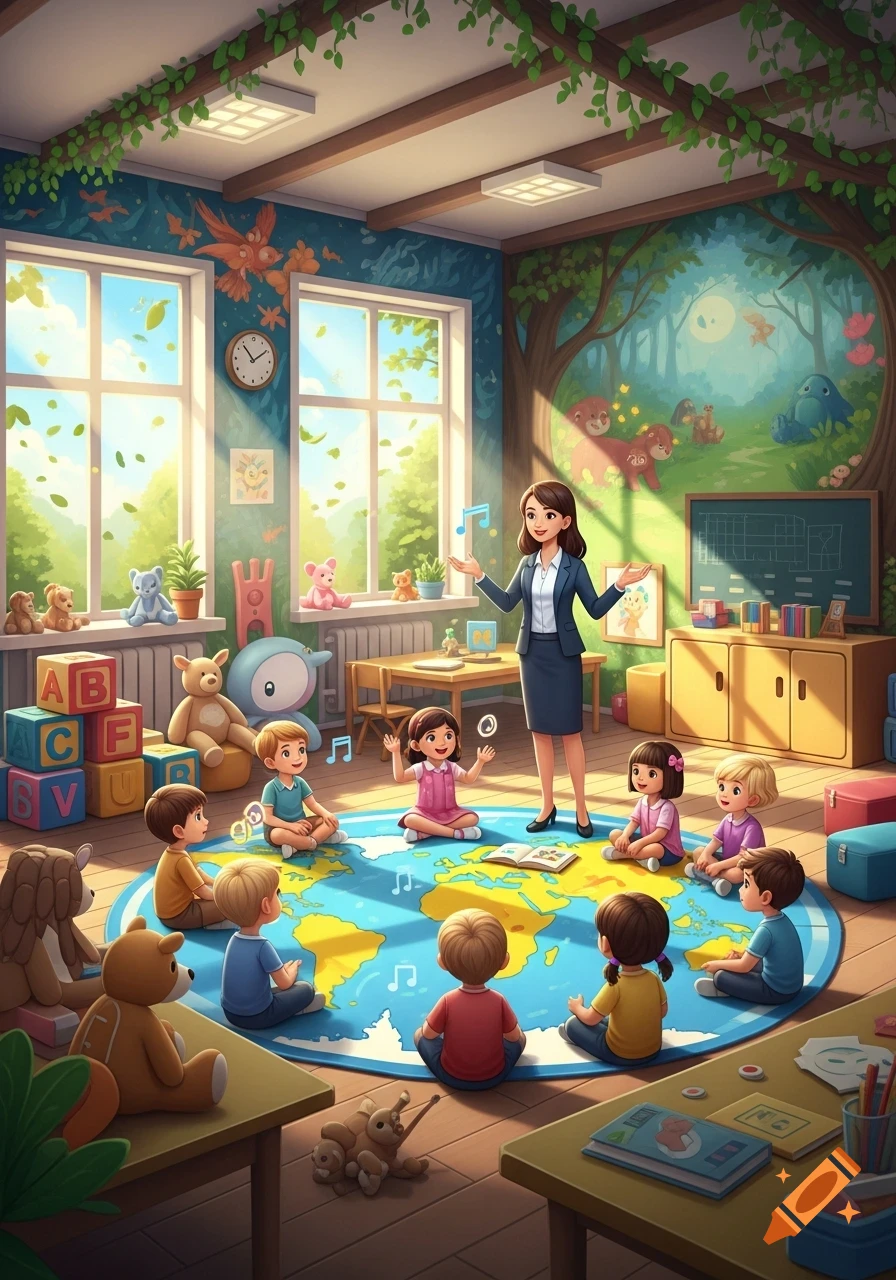 A cartoon illustration of a diverse group of children sitting on a map rug in a bright kindergarten classroom while a female teacher stands and gestures.