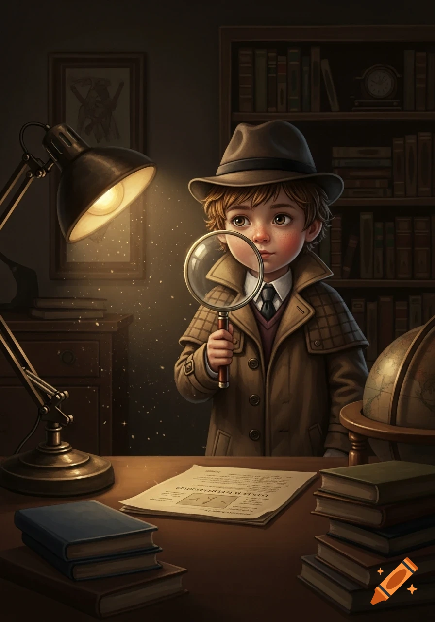 A young boy dressed as a detective in a trench coat and fedora examines a document with a magnifying glass in a dimly lit study.