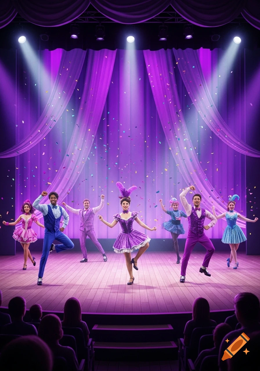 Performers in colorful costumes dance on a purple-lit theater stage with falling confetti, viewed from the audience.