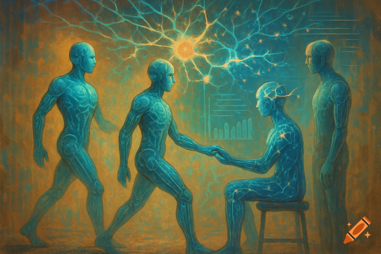 An abstract, blue-toned illustration depicting several translucent human figures with internal neural-like patterns. Some figures interact, with glowing neural networks radiating in the background.