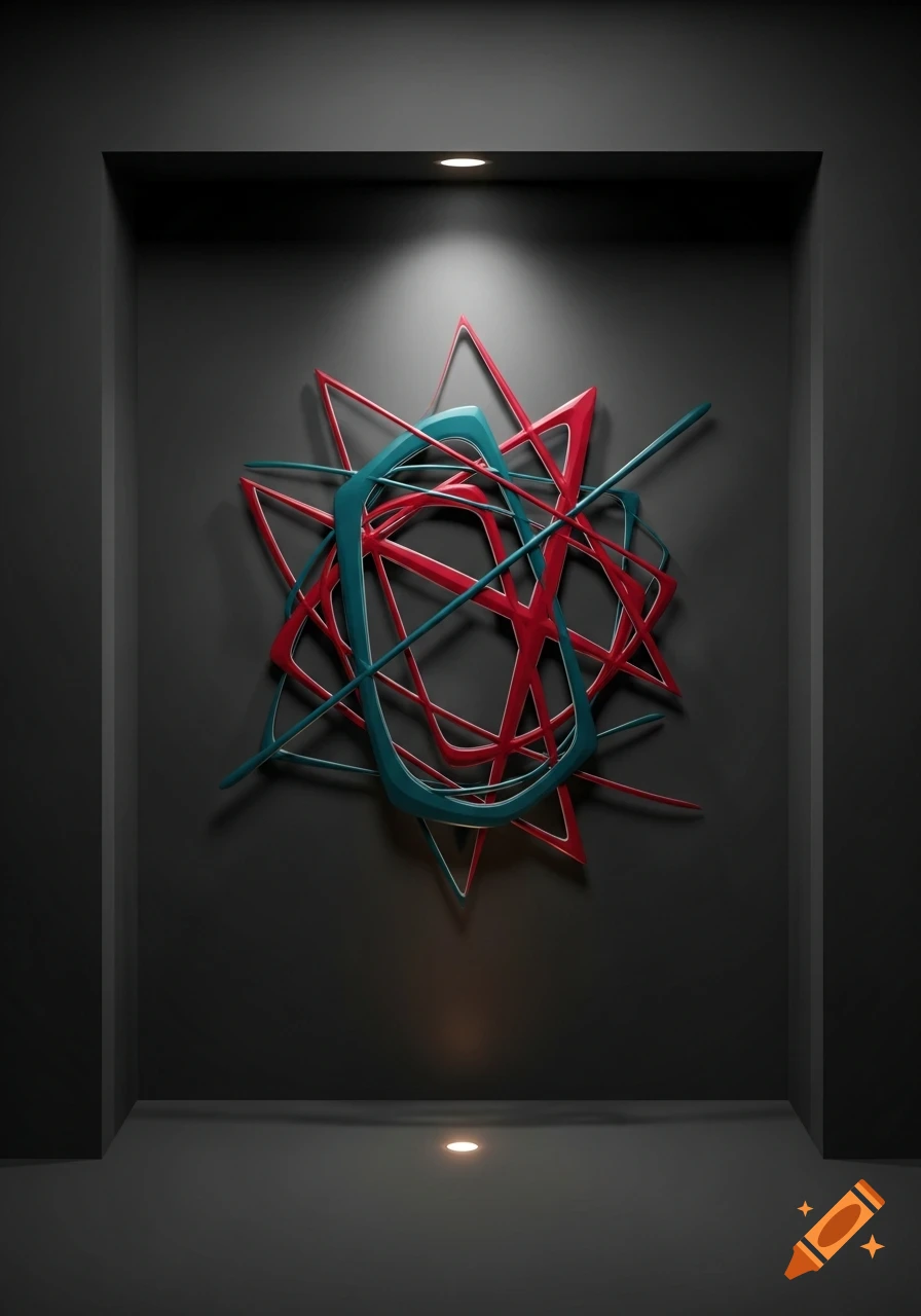 Abstract intertwined red and teal geometric shapes are spotlit within a dark, minimalist wall recess.