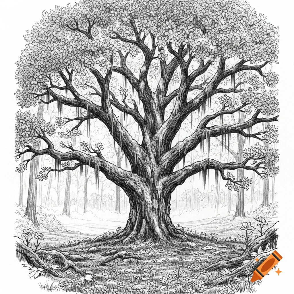A detailed pencil sketch of an ancient, gnarled tree with thick branches and exposed roots, set in a forest.