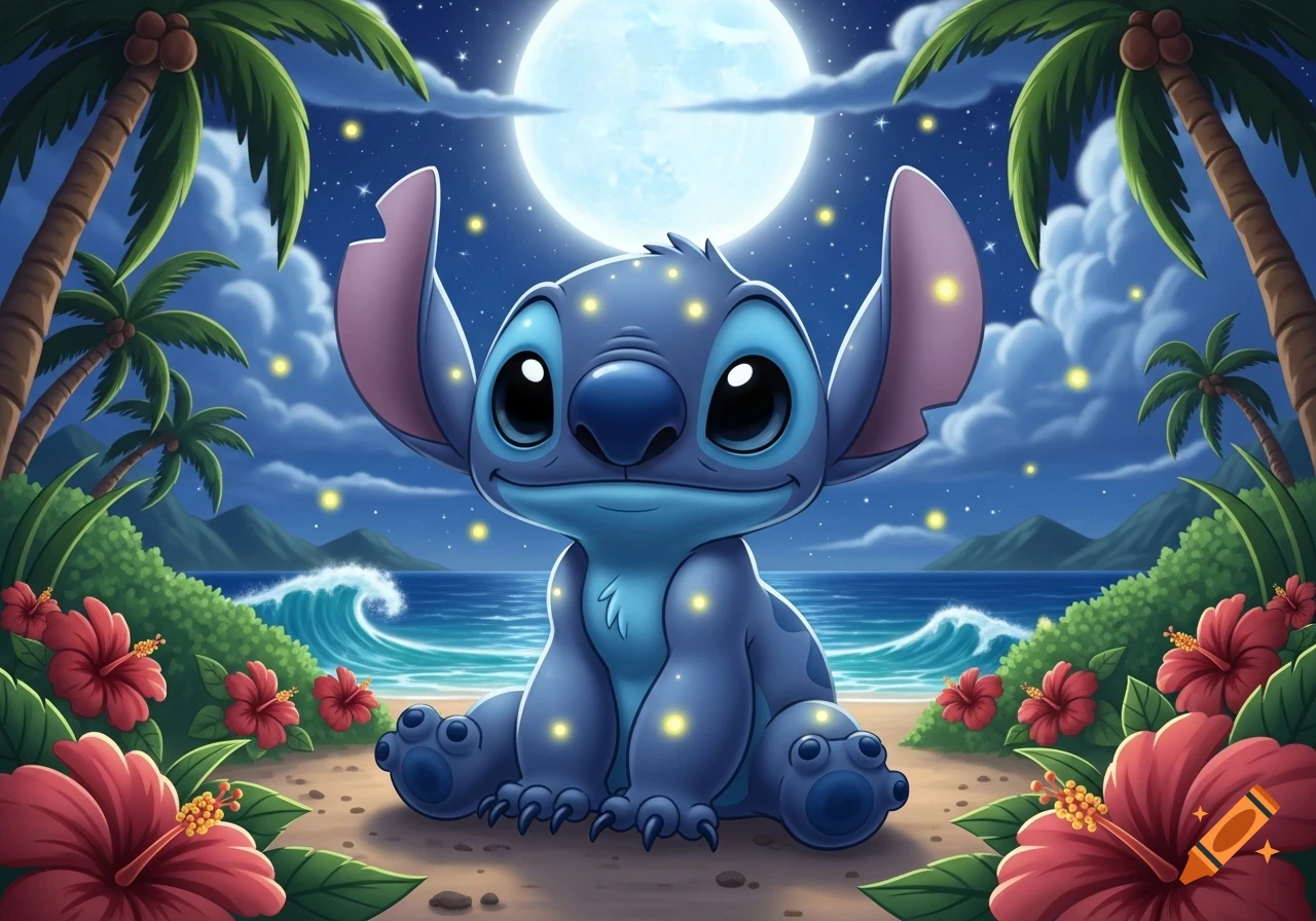 Cute cartoon Stitch sits on a tropical beach at night under a full moon, surrounded by palm trees and red hibiscus flowers.