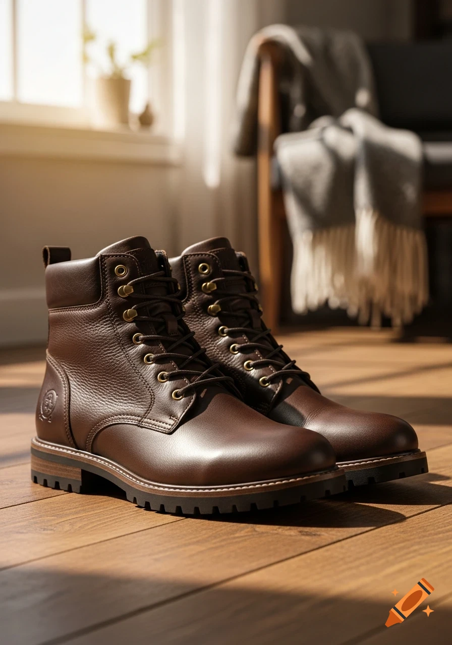 A pair of brown leather winter boots with golden eyelets on a wooden floor, illuminated by sunlight.