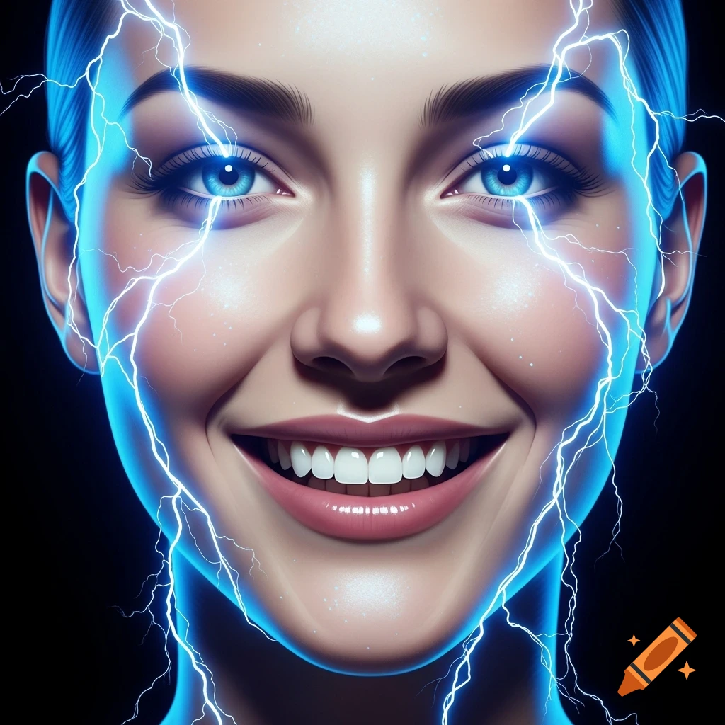 Close-up of a smiling woman's face with bright blue electricity radiating around her, glowing blue eyes, against a black background.