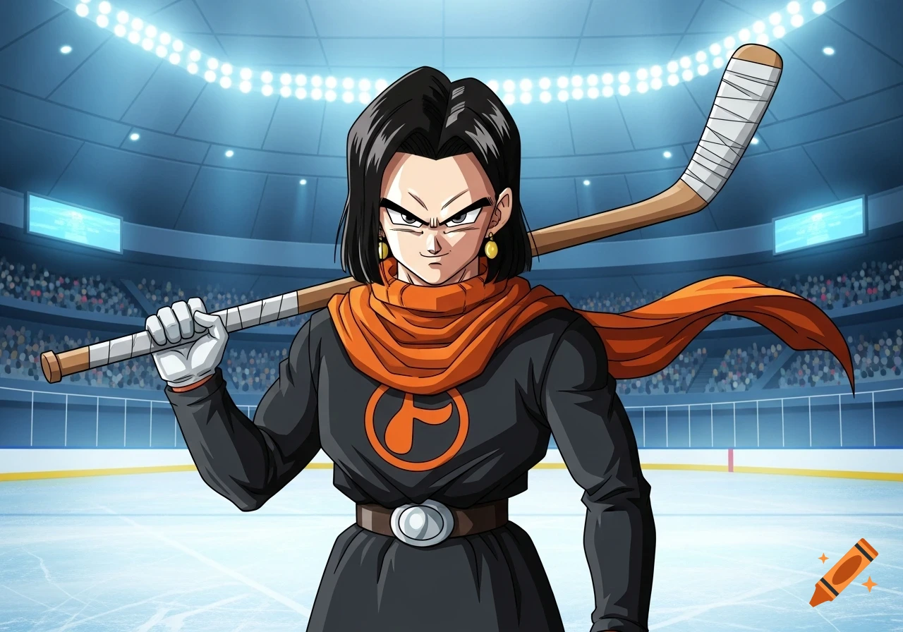 Android 17 from Dragon Ball, with short black hair and an orange scarf, stands in an ice rink holding a hockey stick over his shoulder, looking confident.