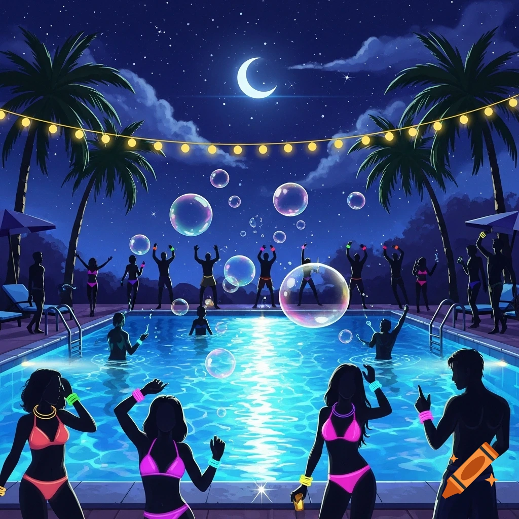 Stylized night pool party with silhouetted people dancing, swimming in a glowing pool. Crescent moon, palm trees, string lights, and bubbles.