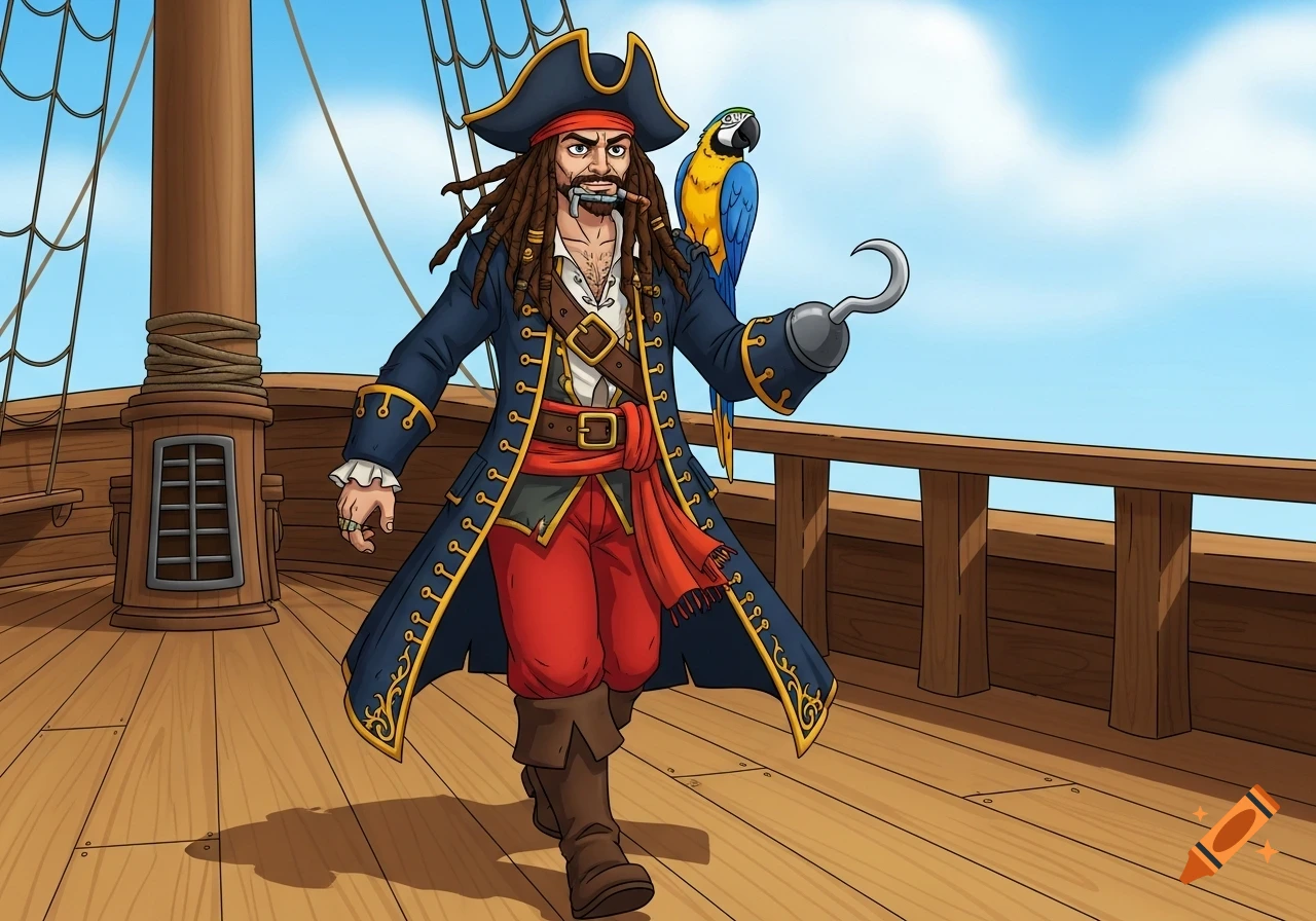 A cartoon pirate with dreadlocks, a tricorn hat, and a blue and gold macaw on his shoulder stands on the deck of a wooden ship, holding a hook in one hand.
