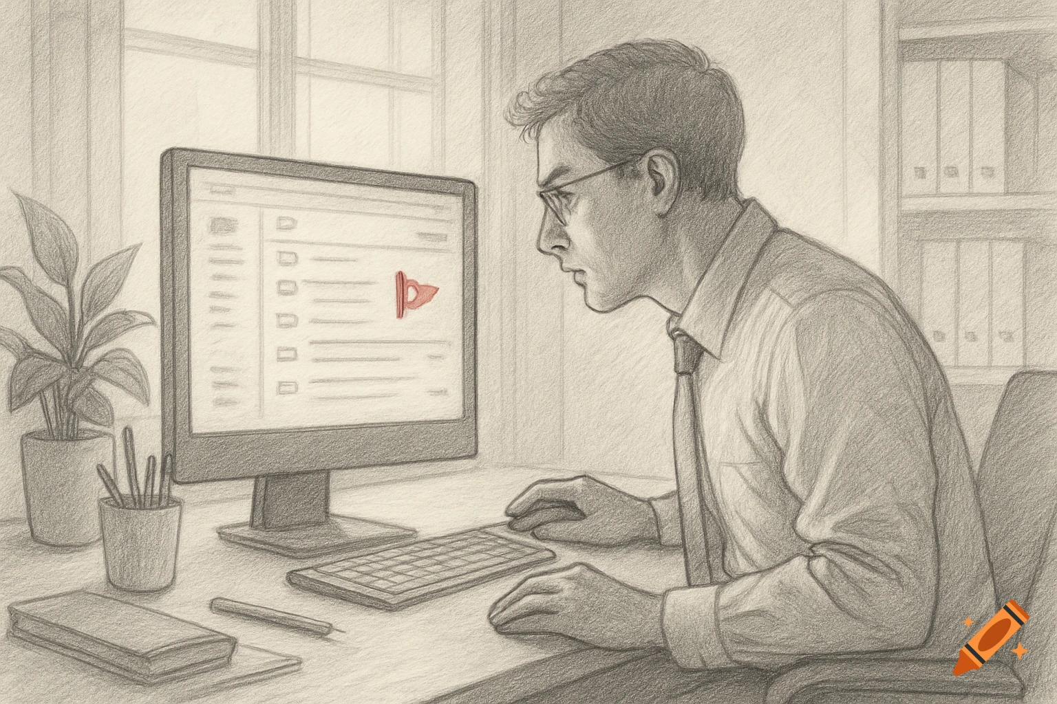 A man in a shirt and tie looks intently at a computer screen showing an email inbox with a prominent red flag, in a pencil sketch style.