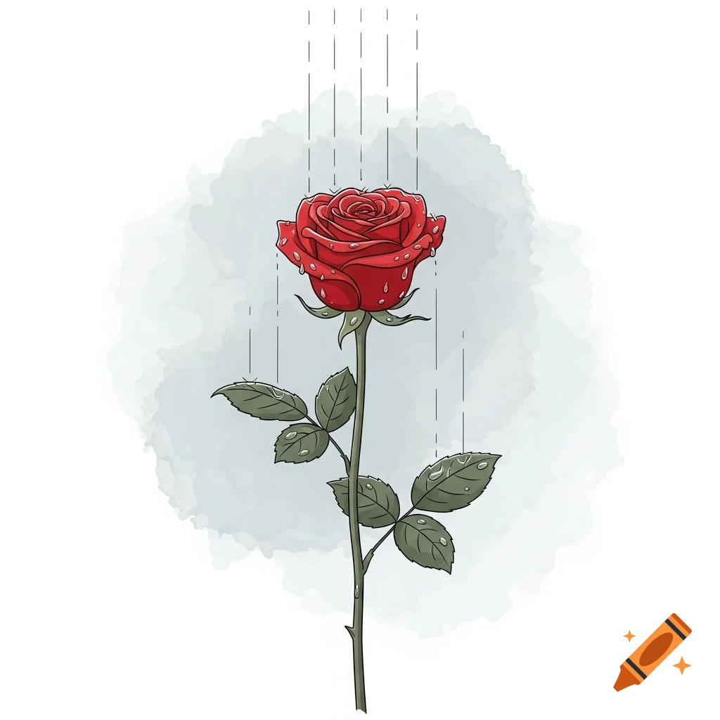 Minimalist illustration of a single red rose with water droplets, under gentle rain, against a soft gray-blue watercolor background.