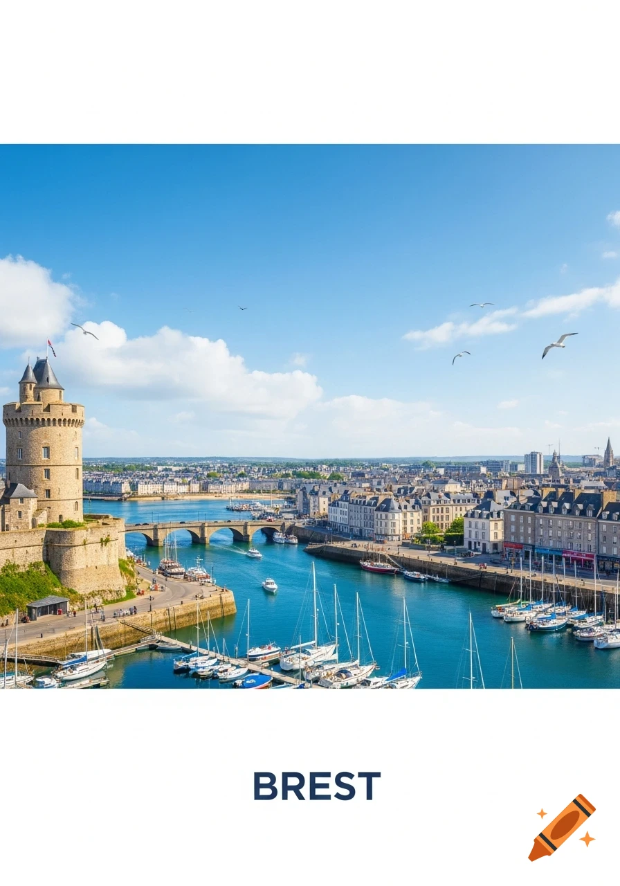 Aerial view of Brest, France, showing a historic stone tower, a bustling harbor with sailboats, and a bridge under a bright blue sky.