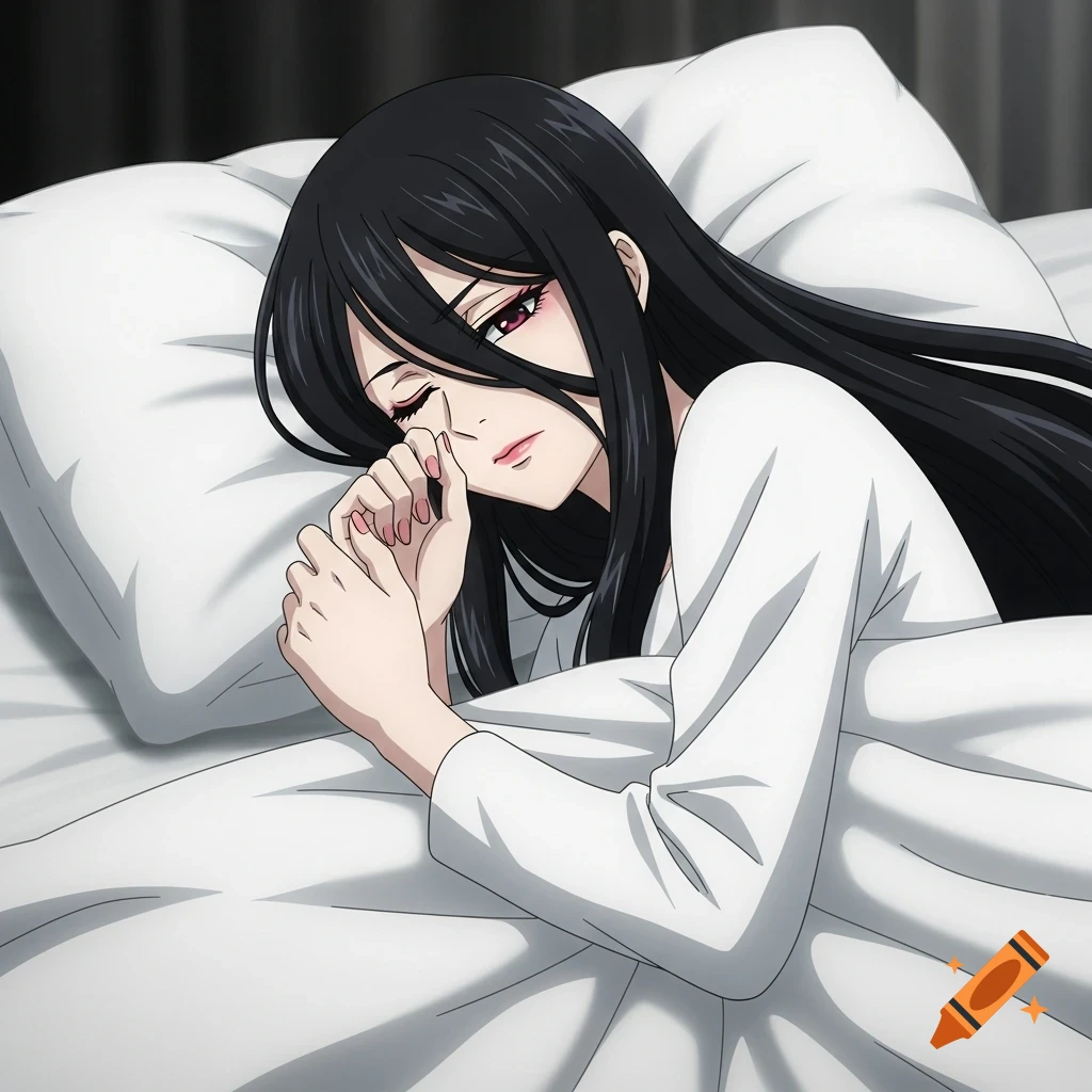 Anime woman with long black hair, in a white dress, slowly waking up and rubbing her eye in bed.