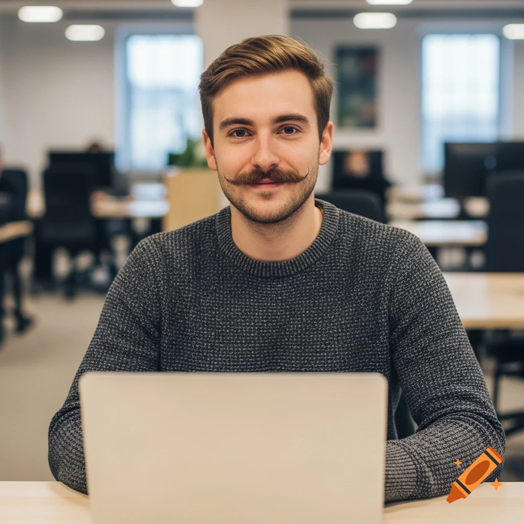 A photorealistic portrait of a young man with a mustache and beard sitting at an office desk with an open laptop, looking forward.