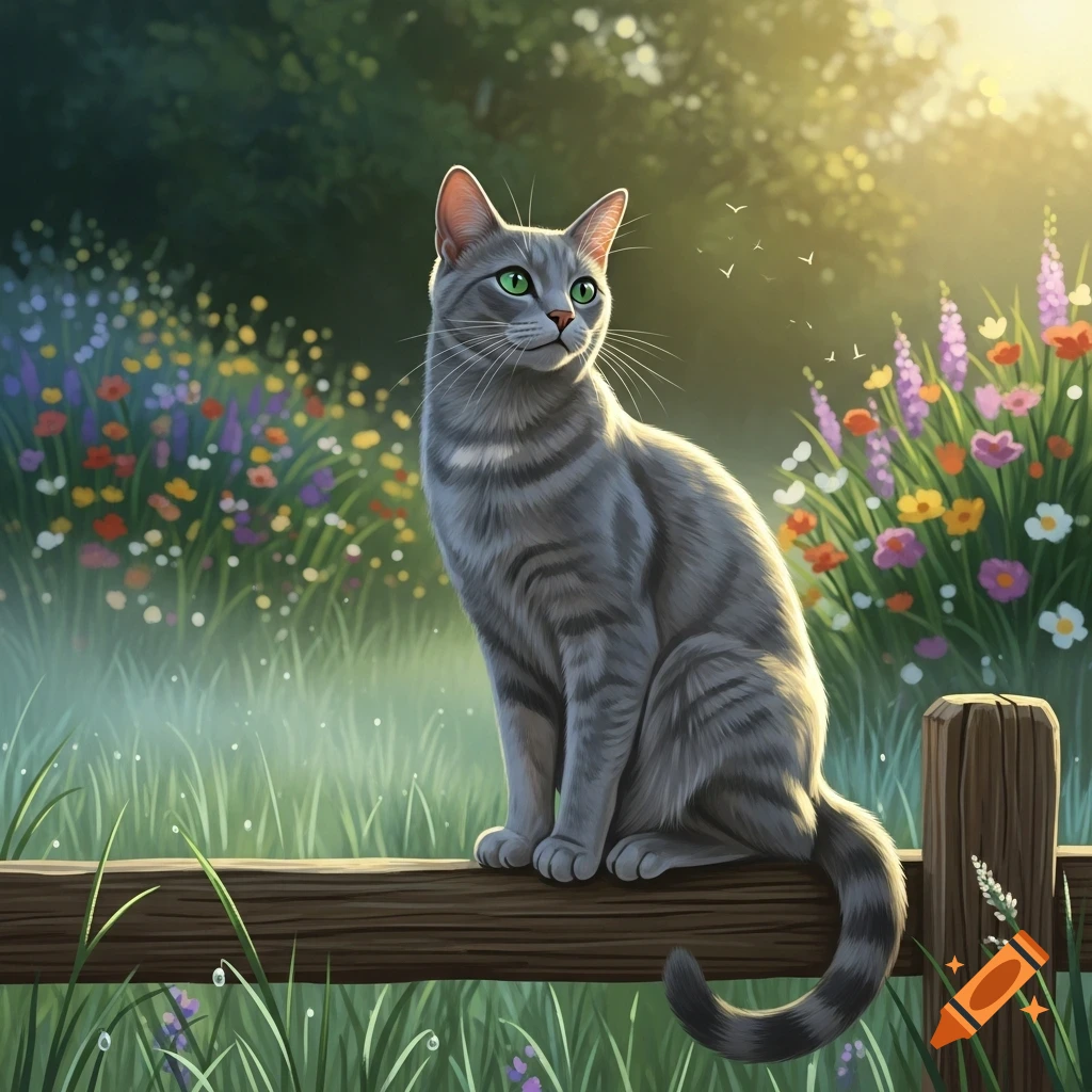 A gray tabby cat with green eyes sits on a wooden fence in a sunny ...