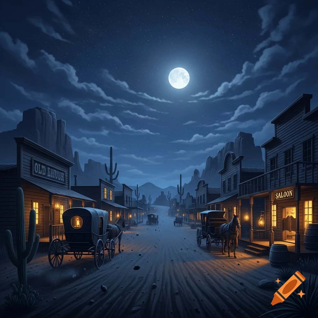 A stylized night scene of a Wild West town with illuminated saloons, horse-drawn carriages, and cacti under a bright full moon.