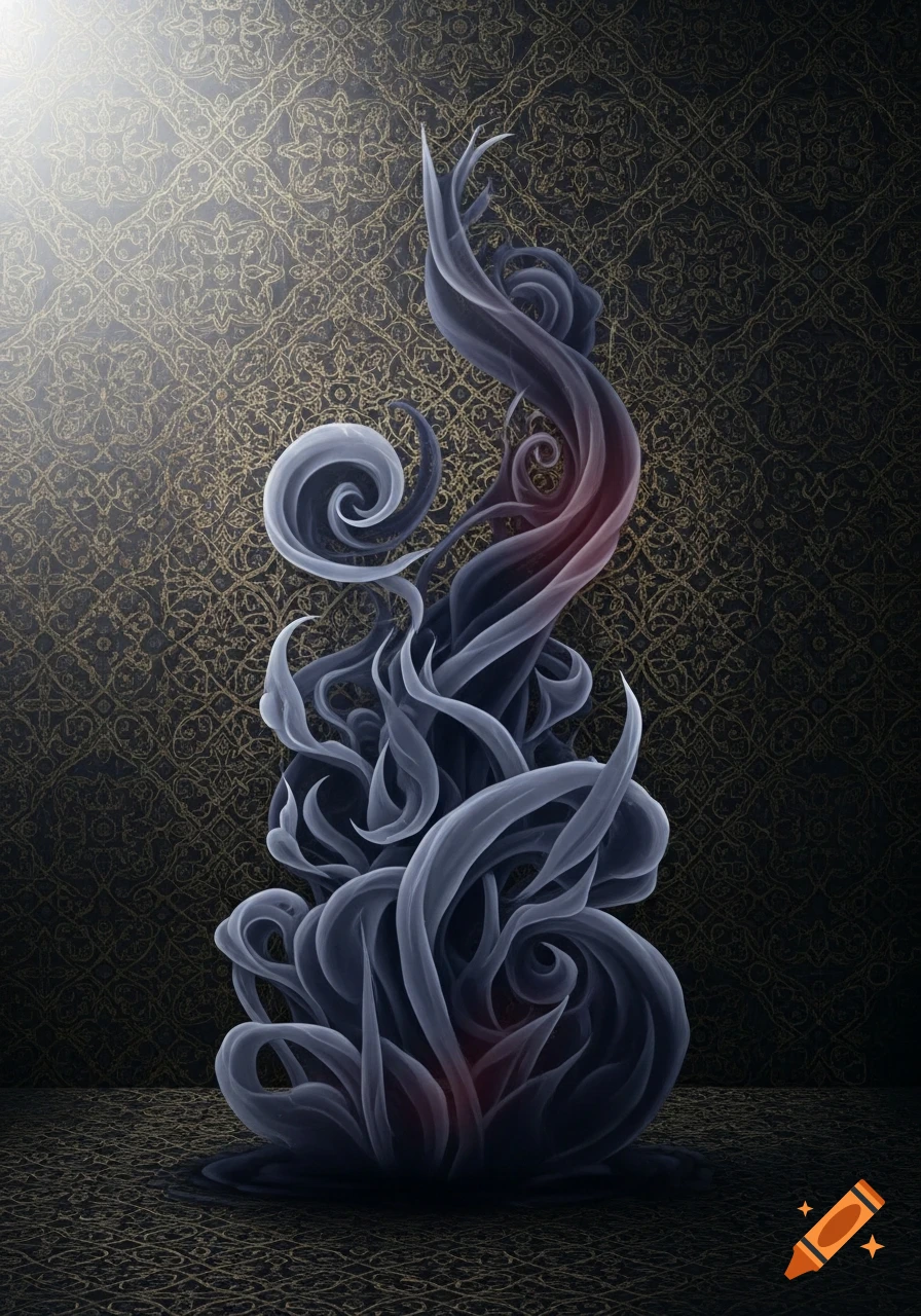 Dark, swirling abstract smoke form with red and purple highlights on a gold patterned background.