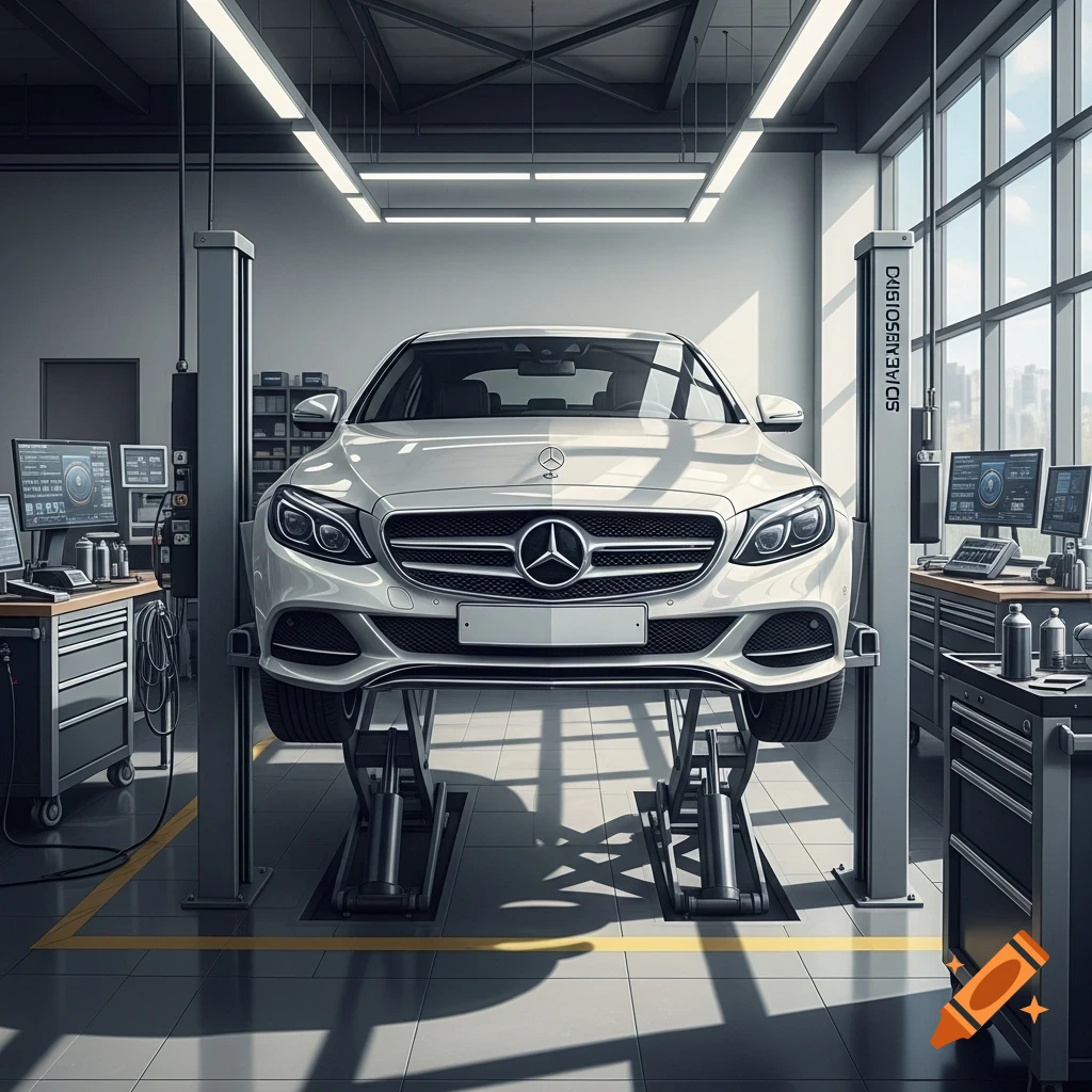 A photorealistic image of a white Mercedes-Benz car elevated on a hydraulic lift inside a modern, clean automotive repair garage.