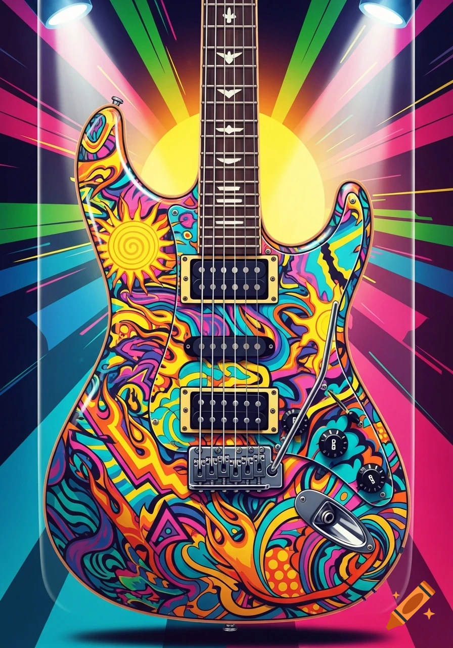 A vibrant electric guitar with a psychedelic, retro skateboard deck art design featuring suns and swirling patterns, under spotlights against a colorful radial background.