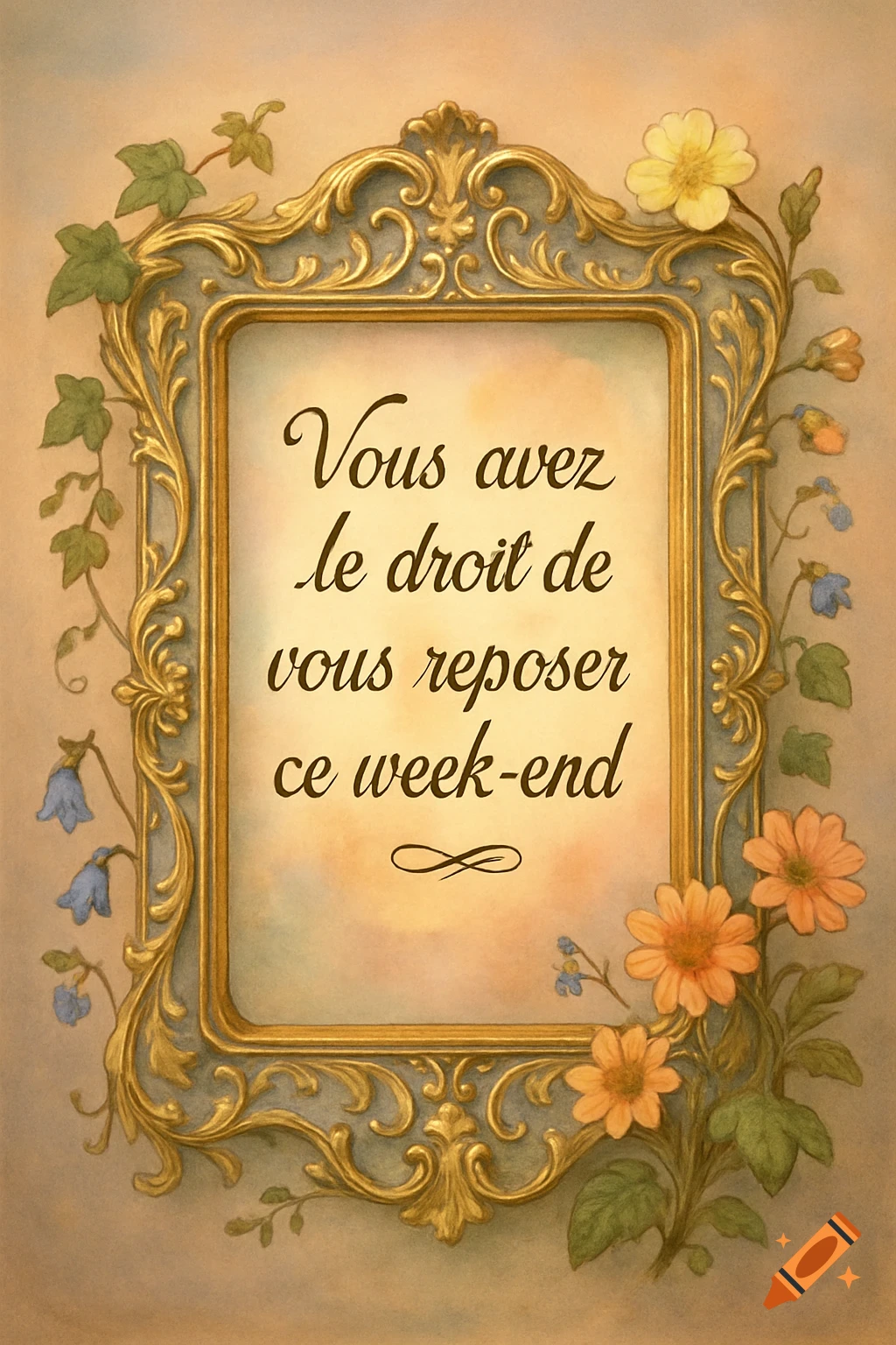 Vintage decorative gold and blue frame with floral accents and the French quote 'Vous avez le droit de vous reposer ce week-end.'