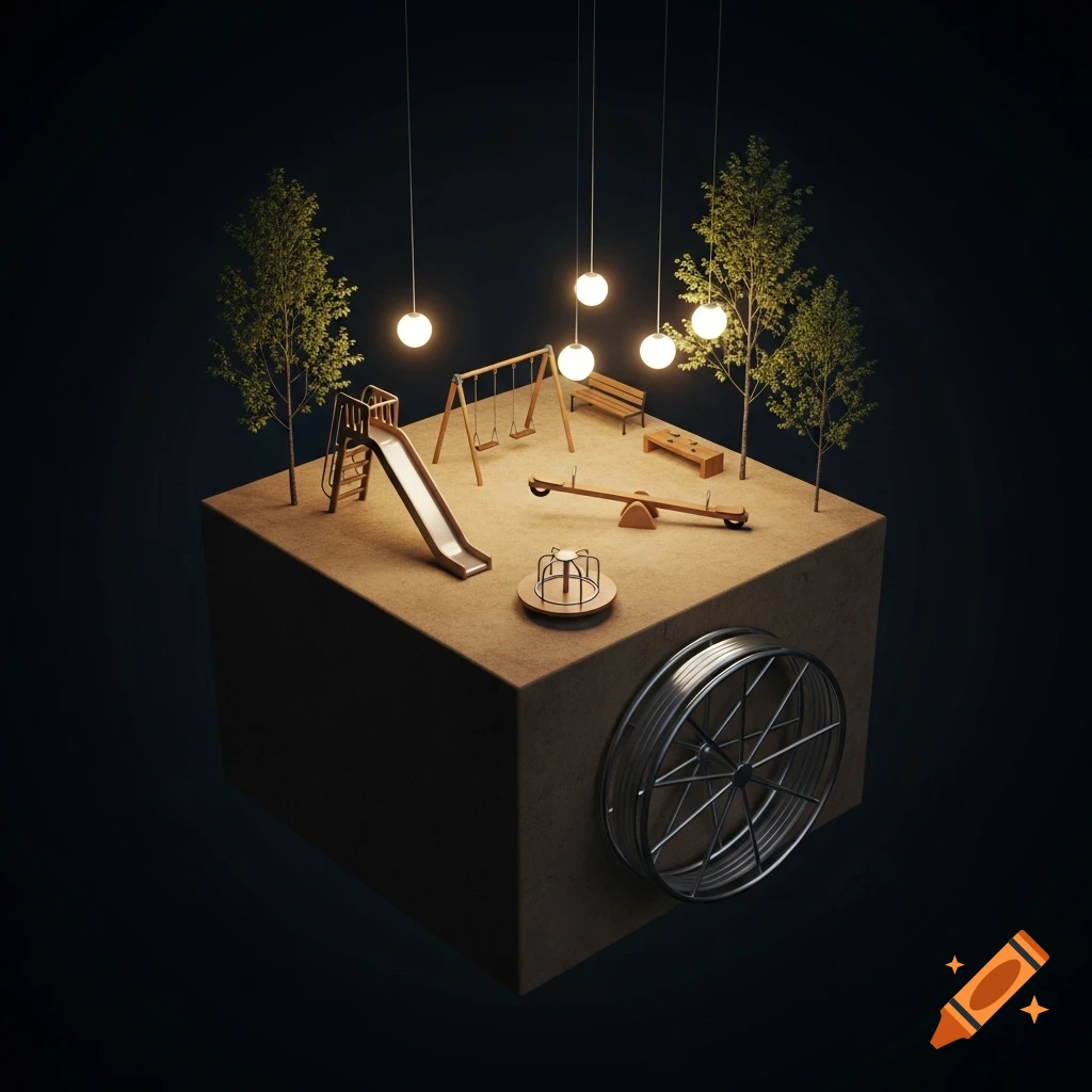 A surreal diorama of a miniature playground on a floating block against a dark background, illuminated by hanging orbs.