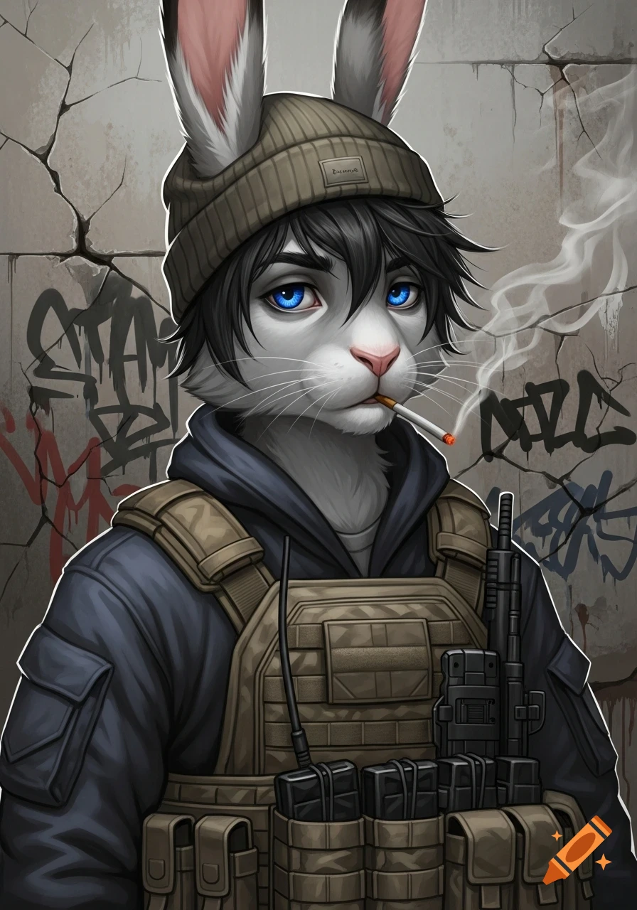 Anarchist Rabbit An anthropomorphic rabbit with blue eyes and black hair, wearing a ...