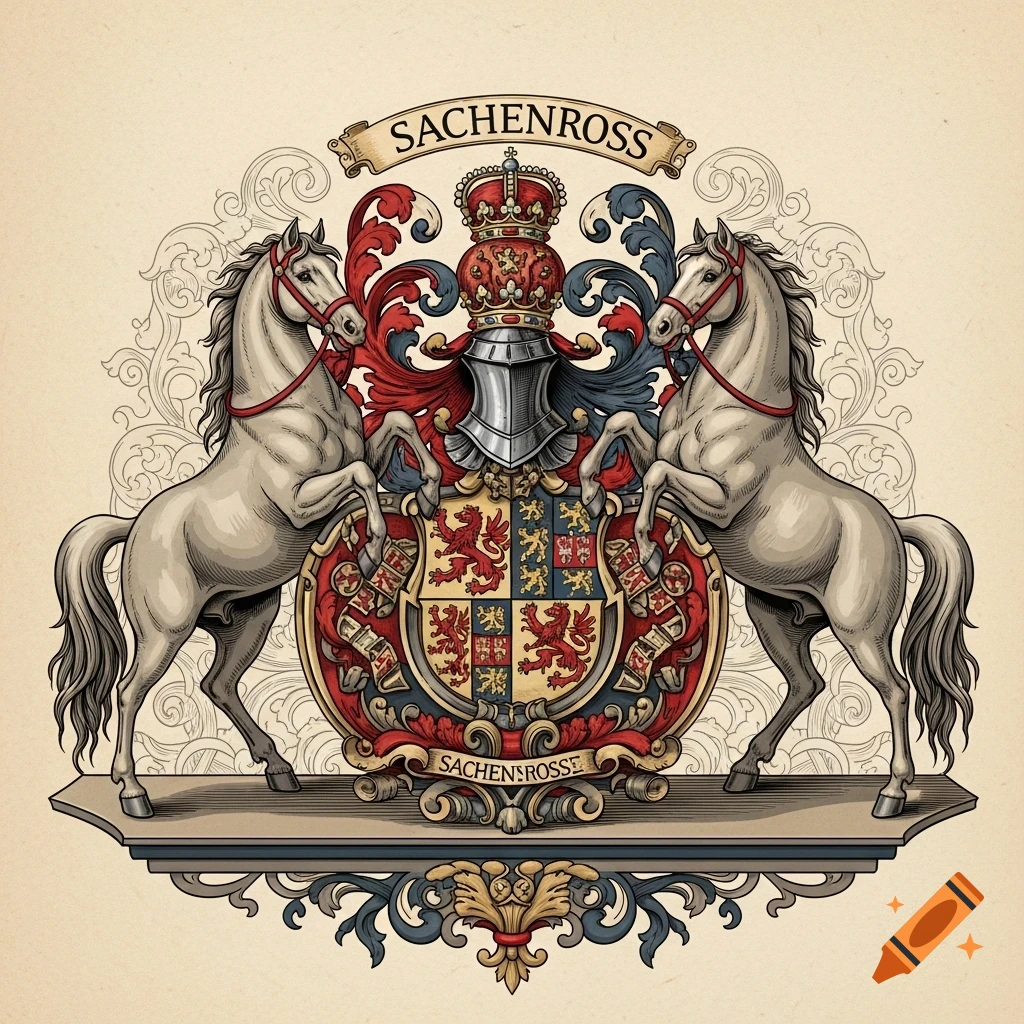 A detailed, classic heraldic coat of arms with two rearing white horses as supporters, a crowned helmet, and a shield.