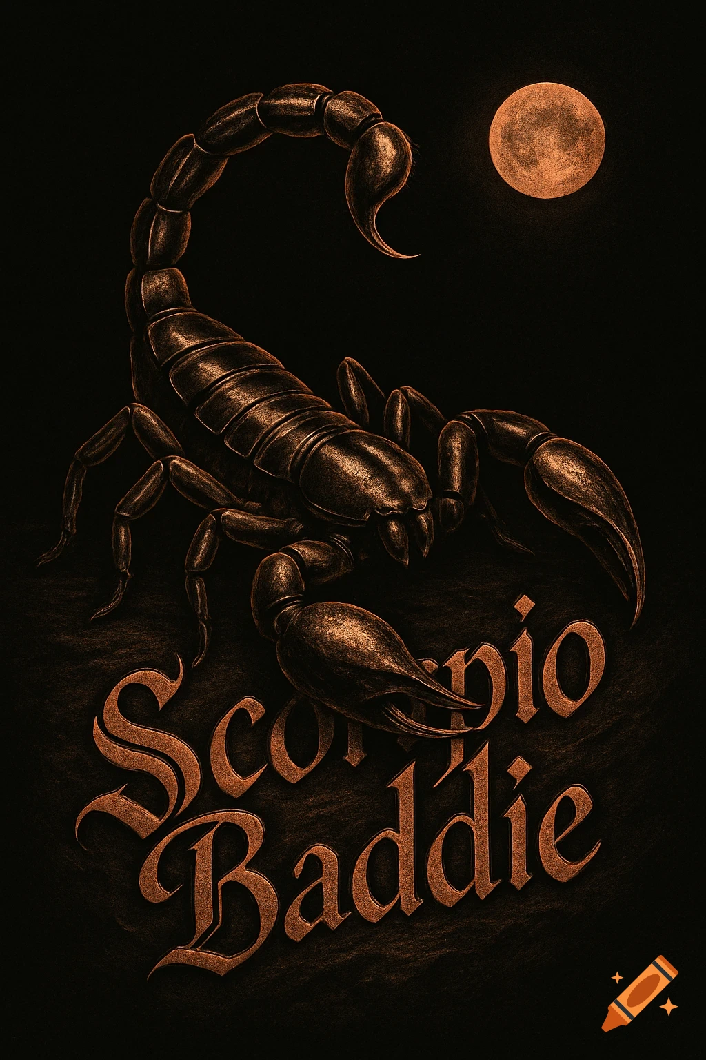 A dark, textured illustration of a scorpion with an orange moon against a black background and the text 'Scorpio Baddie'.