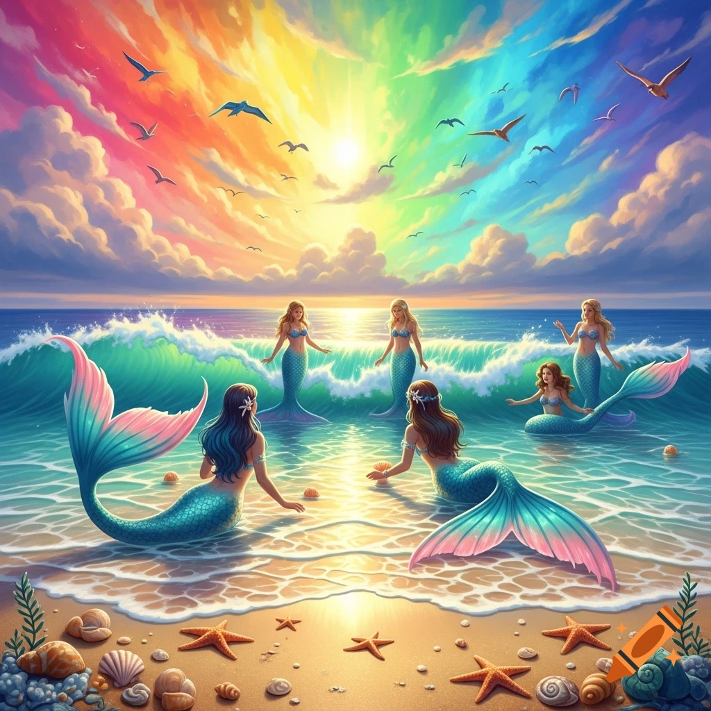 A vibrant fantasy scene with several mermaids on a sunny beach, surrounded by waves, under a rainbow sky with birds.