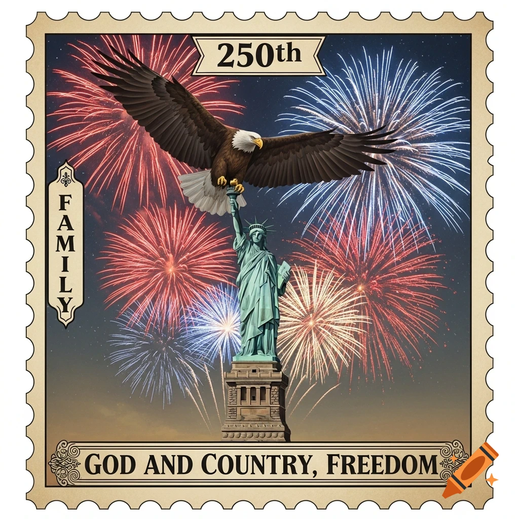 A US postage stamp design with the Statue of Liberty, a bald eagle, and fireworks, text '250th', 'FAMILY', 'GOD AND COUNTRY, FREEDOM'.