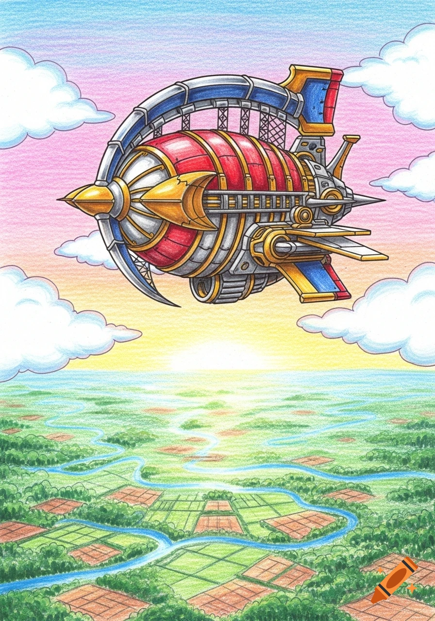 A stylized red and gold airship from Final Fantasy 3, drawn in crayon style, flies over a verdant landscape with rivers under a sunset sky.