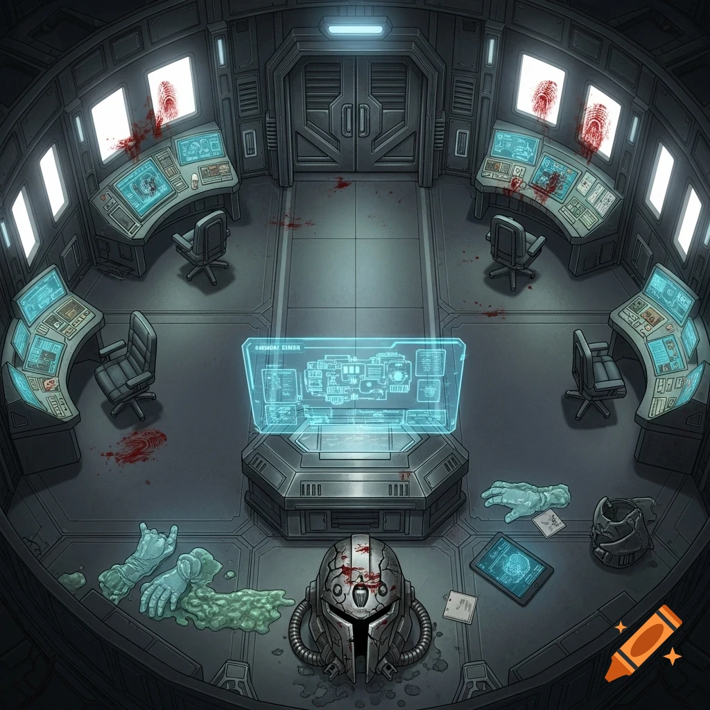 Top-down view of a circular sci-fi command room with a central holographic display, blood, a broken helmet, and discarded gloves.