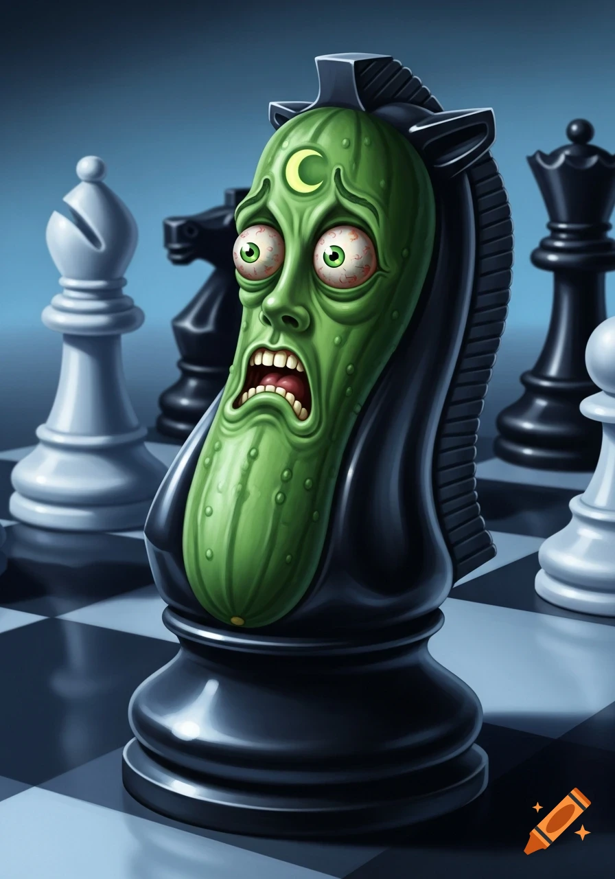 A cartoonish green pickle face with wide, bloodshot eyes and an open mouth of terror, replacing the head of a black chess knight on a chessboard.