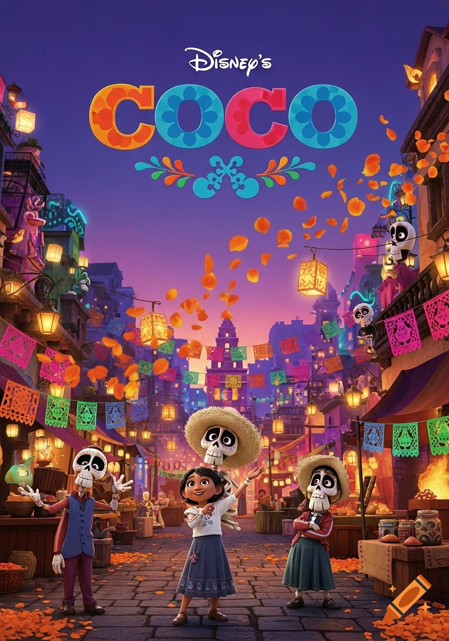 A colorful, vibrant street scene from Disney's Coco with characters, festive decorations, and falling marigold petals under a purple sky.
