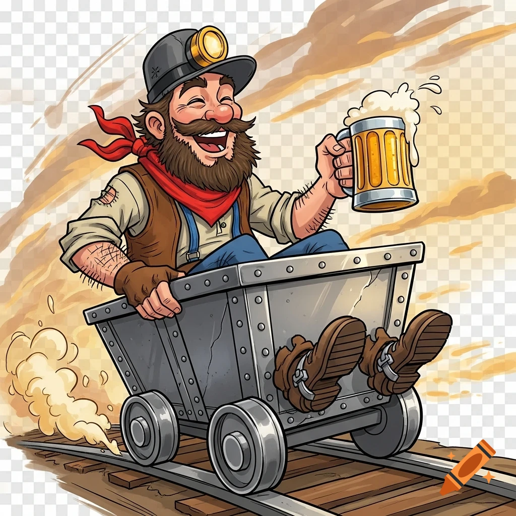 A smiling, bearded cartoon miner wearing a headlamp and red bandana sits in a metal minecart on tracks, holding up a frothy mug of beer.