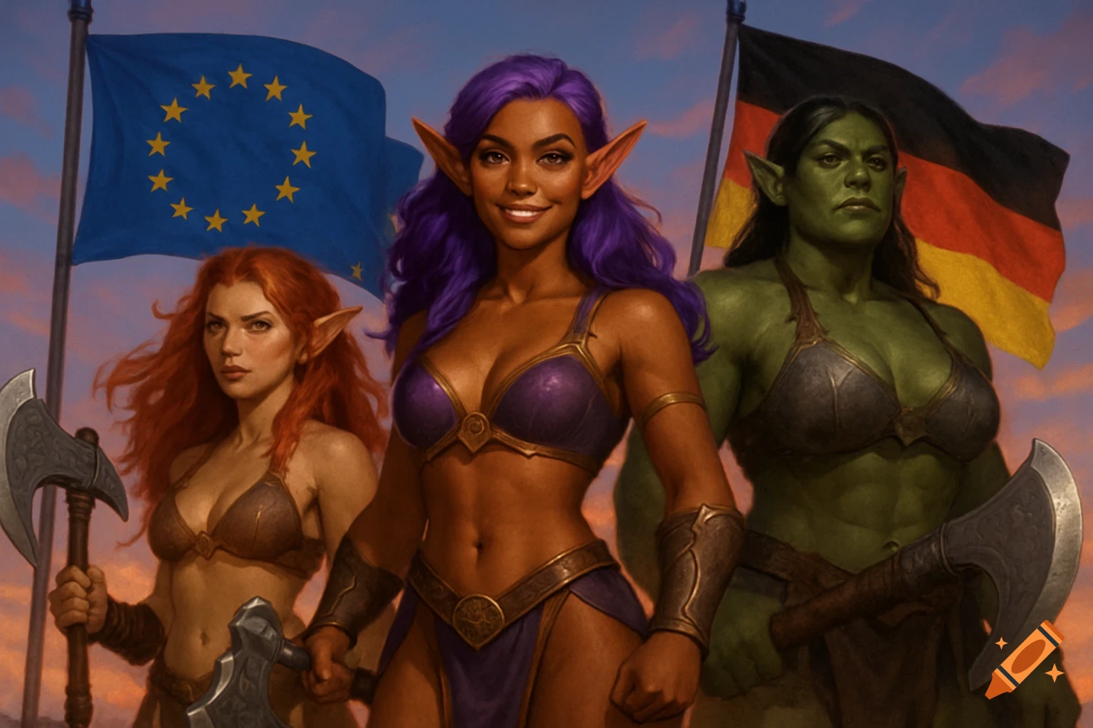 Three fantasy women, two elves and one orc, in warrior bikinis holding axes. The European Union and German flags wave in the background.