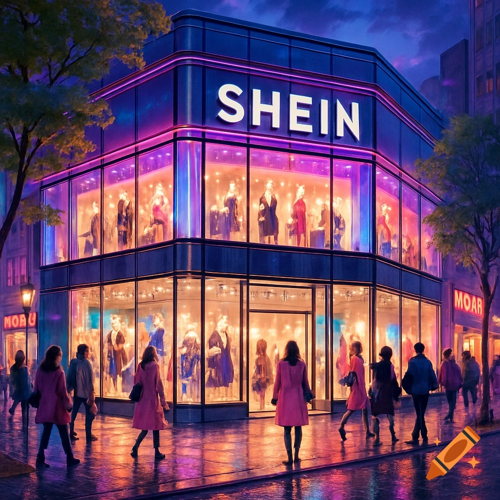 Vibrant night scene of a neon-lit Shein clothing store with large display windows and shoppers walking on a wet city street.