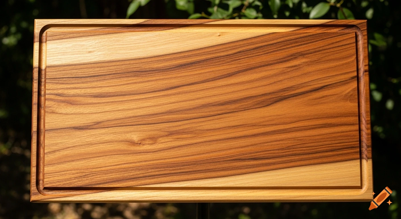 A rectangular wooden board with a juice groove and rich, varied wood grain, set against a blurred green leafy background.